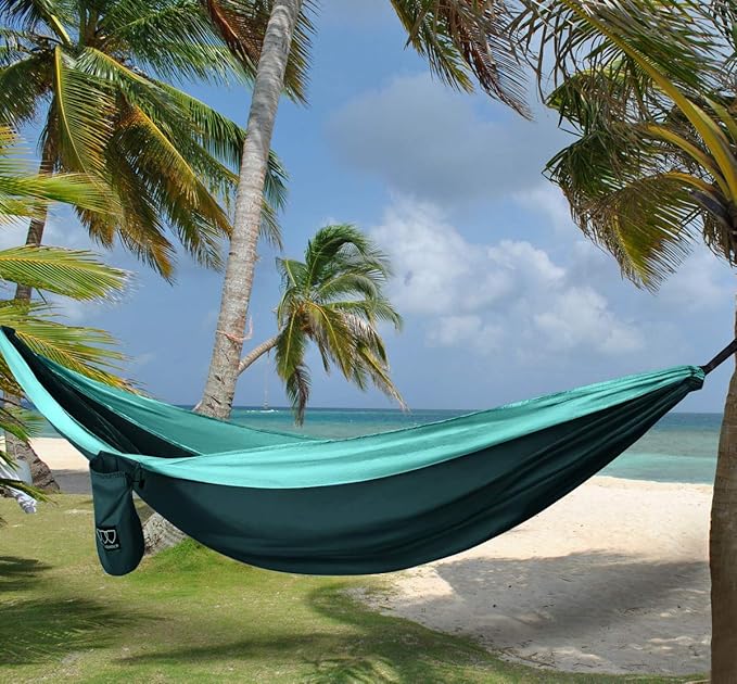 Double Camping Hammock, Nylon, 500 lb Capacity, Turquoise and Seafoam