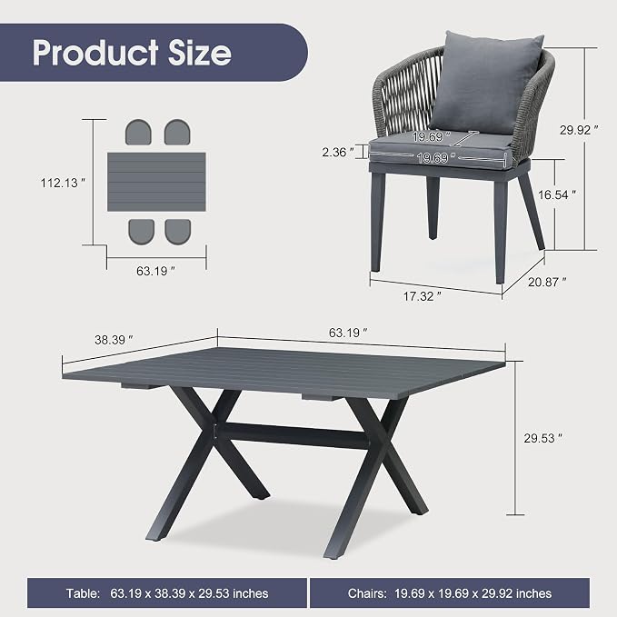 PURPLE LEAF 5 Pieces Patio Dining Set Wicker Outdoor Furniture Rectangular - Image 9