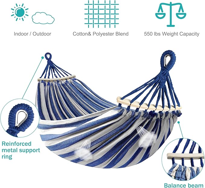 Hammock for Camping, 320G Canvas, 550 lb Capacity, Blue and White
