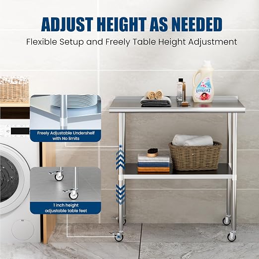 Stainless Steel Table with Wheels 18 x 36 Inches Metal Prep Table with - Image 6