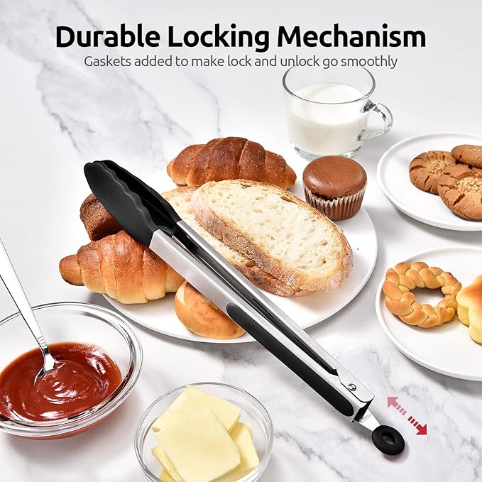 Tongs with Silicone Tips, Locking Tab and Stainless Steel Handles, Black