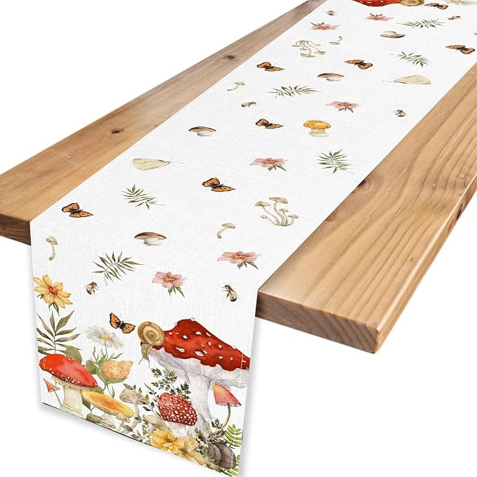 Mushroom Table Runner, Rustic Farmhouse Forest Plants Botanical Wildfloral - Image 4