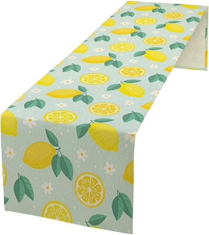 Spring Lemon Table Runner, Summer Seasonal Green Leaves Flowers Yellow Fruit by Unknown
