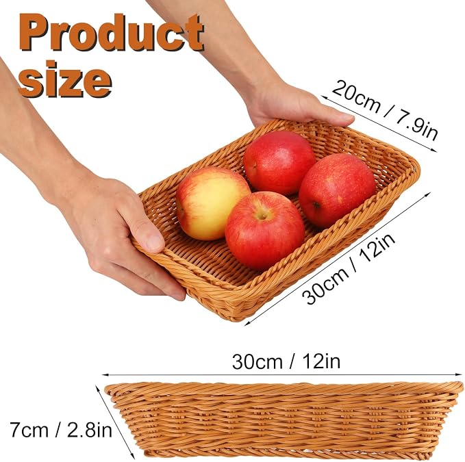 6 Pack 12 Inch Brown Poly Wicker Bread Baskets, Rectangular Wicker Bread Basket - Image 2