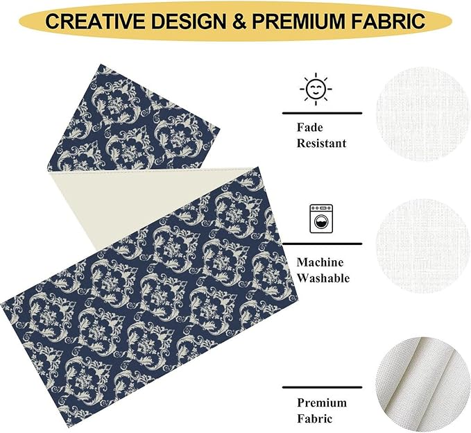 Blue Damask Table Runner, Rustic Gothic Baroque Style Floral Bohemian Boho - Image 5