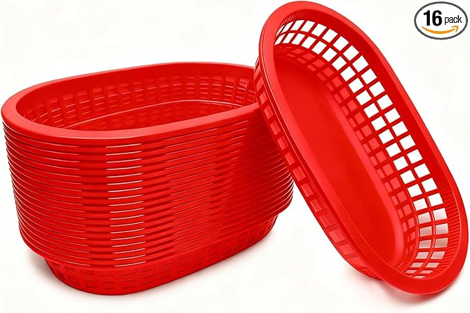 Fast Food Baskets 16-Pack, 10 x 6 Inch Plastic Oval Serving Baskets by Unknown