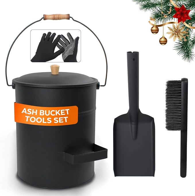 4 Gallon Ash Bucket with Lid and Shovel, Metal Fireplace Ash Bucket with Broom by WelcometoMinimalisthome