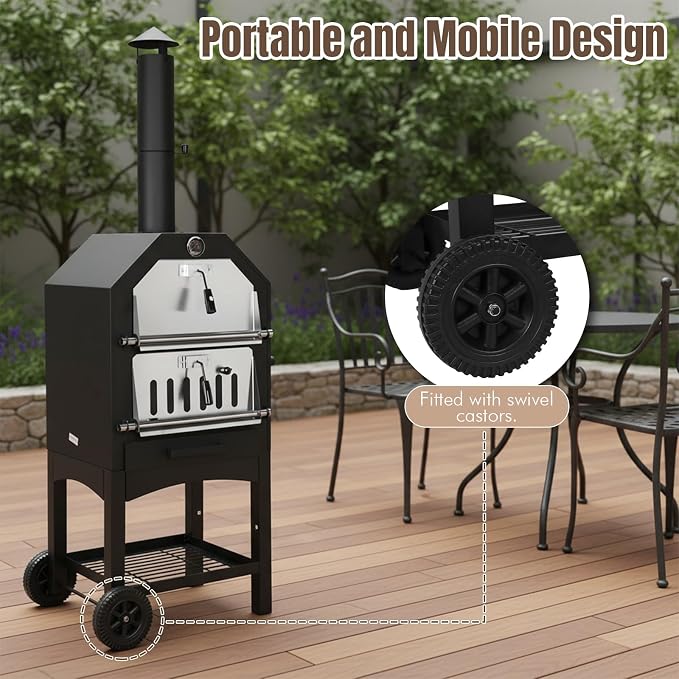 2-Tier Freestanding Charcoal Pizza Oven Stone and Shovel Large Wood Fired Pizza - Image 4