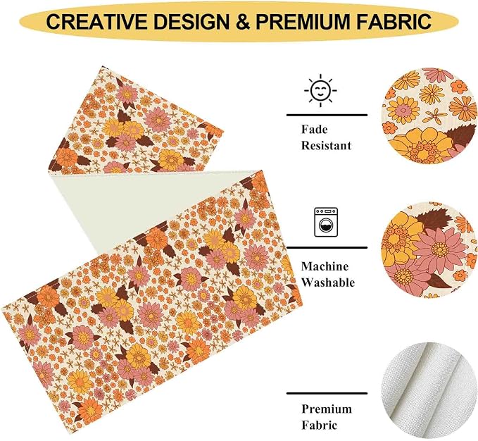 Groovy Floral Table Runner, Retro 70s Hippie Floral Funky Orange Floral Trippy - Image 5