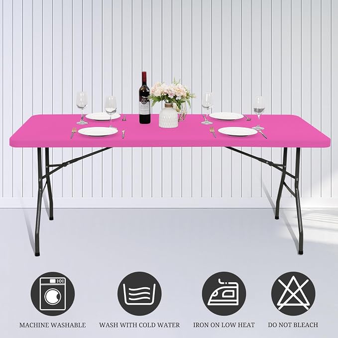 6 Pack Fitted Tablecloth for 8 Foot Rectangle Tables, Hot Pink Elastic Outdoor - Image 5