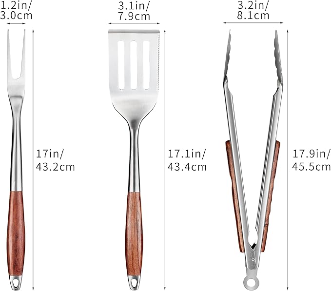 Barbecue Tool Set, 304 Stainless Steel, Rosewood Handle, 3-Piece