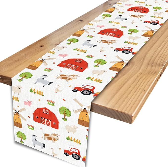 Farm Animals Table Runner, Rustic Farmhouse Cow Pig Rooster Watercolor Coffee - Image 5
