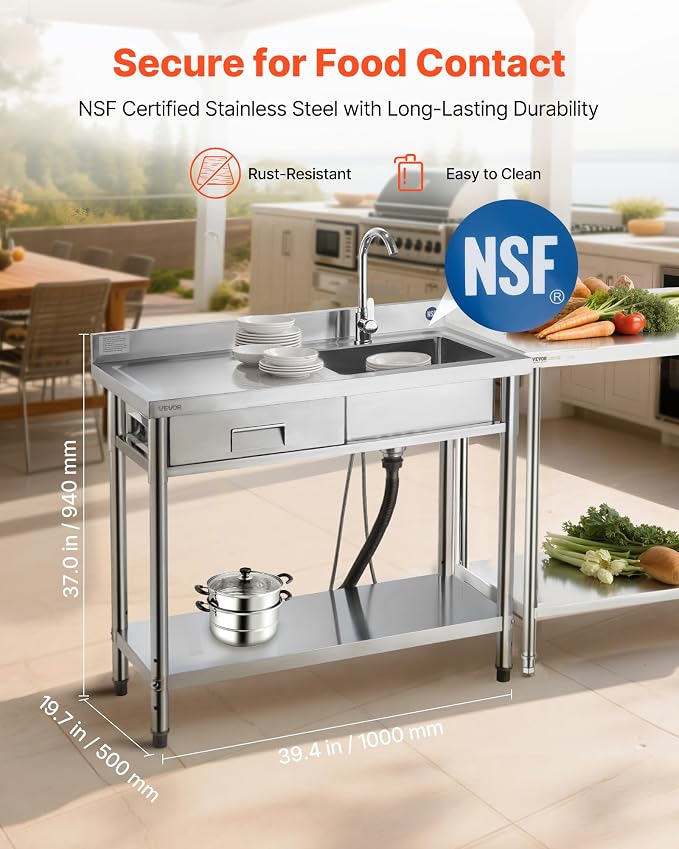VEVOR Stainless Steel Utility Sink, Free Standing Single Bowl Commercial - Image 2