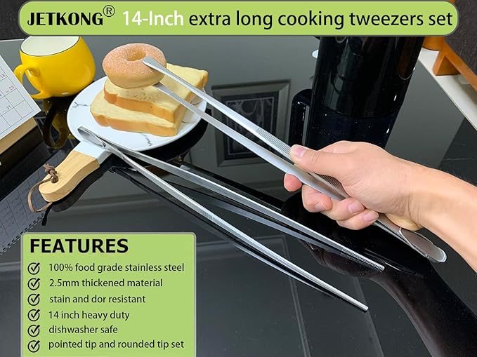 Tongs, 2-Pack 14-Inch Stainless Steel Kitchen Tweezers in Silver