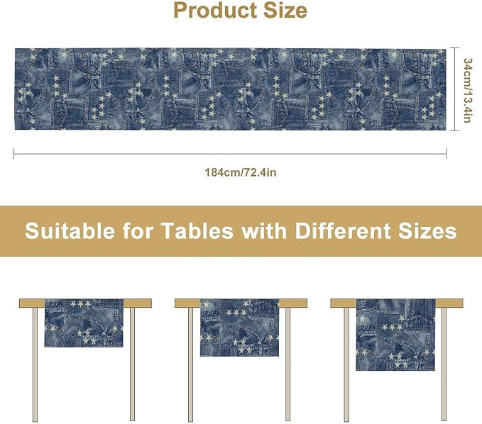 Patchwork Table Runner, Vintage Romance Jeans Pentagram Splicing Print Table - Image 7