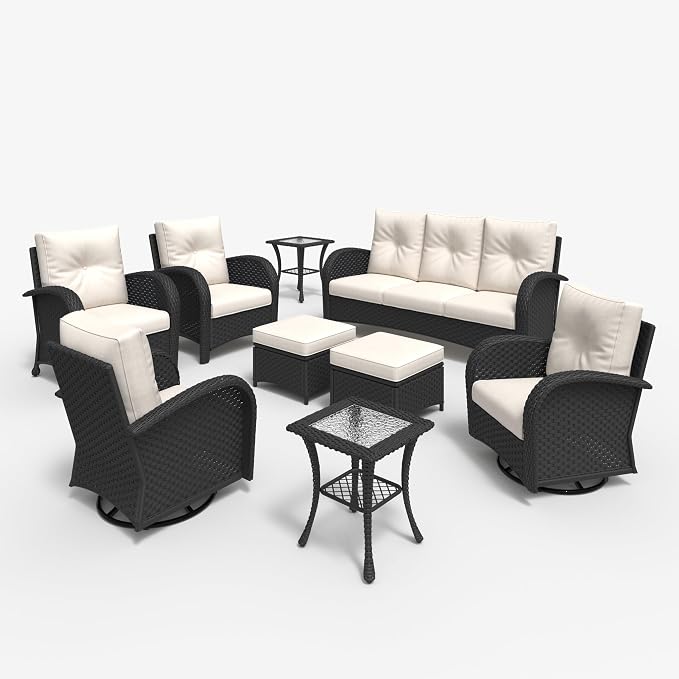 LayinSun 9 Pieces Outdoor Patio Furniture Set, Rattan Wicker Sectional Swivel - Image 2