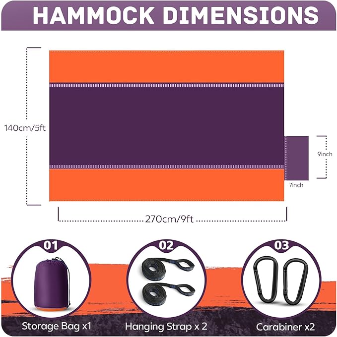 Double Camping Hammock, Nylon, 600 lb Capacity, 106 x 55 Inch