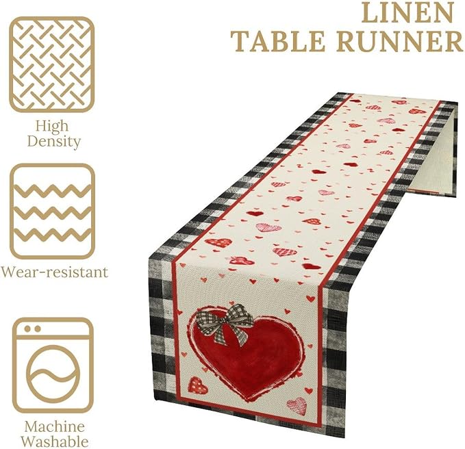 Valentines Day Table Runner, Vintage Red Black Heart Buffalo Plaid Valentines - Image 4