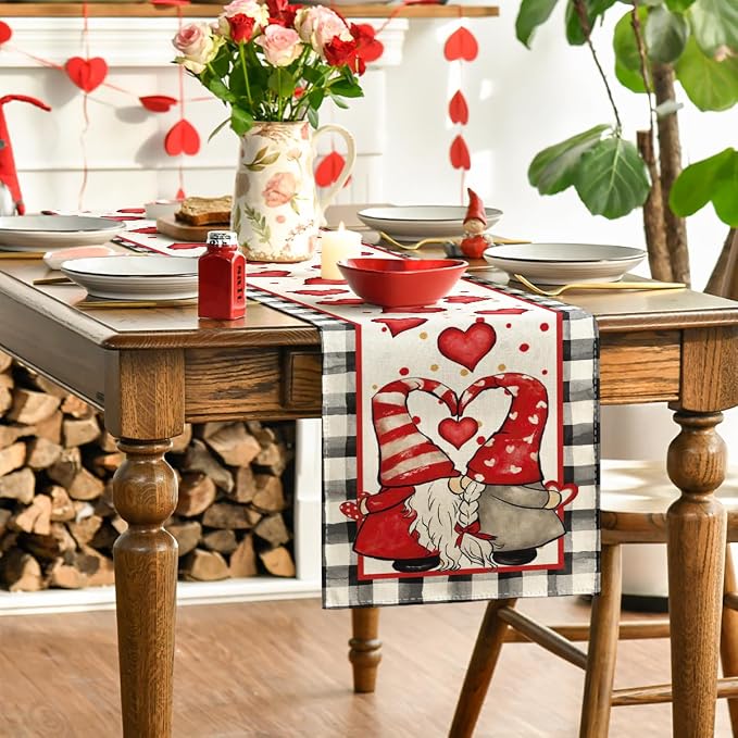 Artoid Mode Watercolor Hearts Gnomes Love Table Runner, Seasonal Anniversary - Image 3