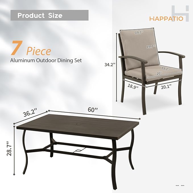 HAPPATIO 7 Piece Patio Dining Set, Aluminum Outdoor Dining Set - Image 8