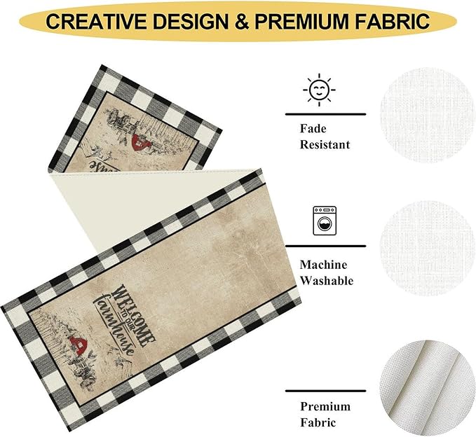 Farmhouse Table Runner, Rustic Country Barn Cottage Check Animal Coffee Table - Image 5