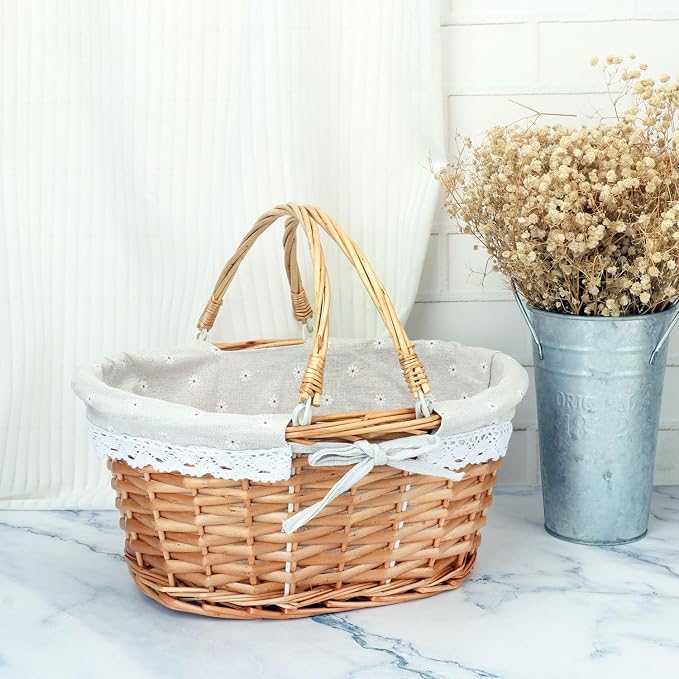 Natural Wicker Basket with Linen Lining, 14 Inch Large Wicker Woven Picnic - Image 4