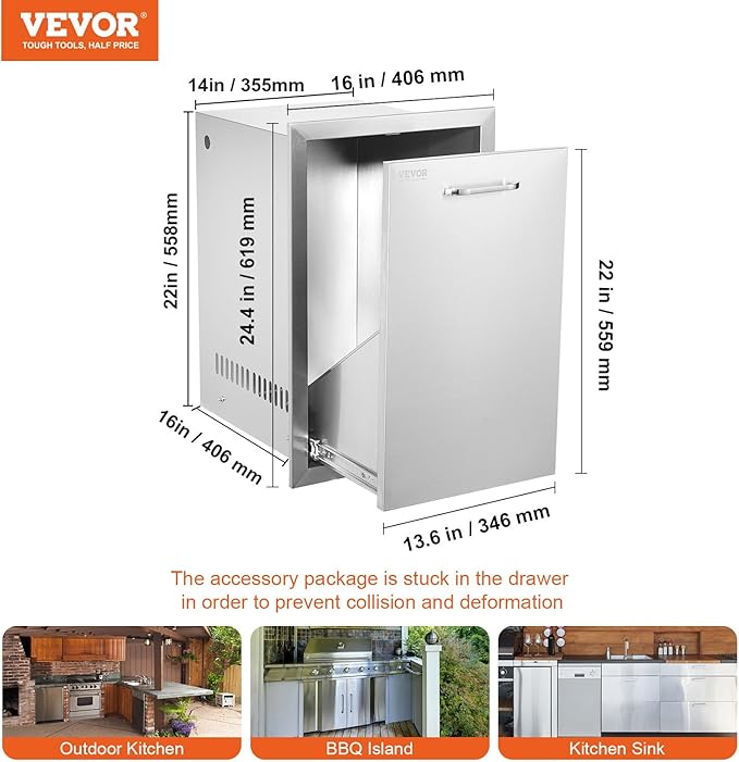 VEVOR Outdoor Kitchen Trash Drawer 16Wx22Hx16 D, Propane Tank Drawer, Stainless - Image 3