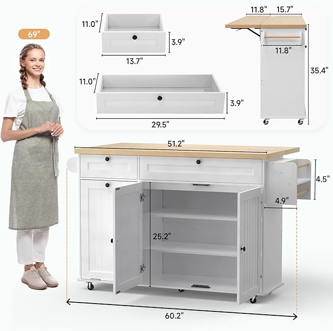 60" Kitchen Island with Power Outlet & Drop Leaf, Kitchen Rolling Island with - Image 2