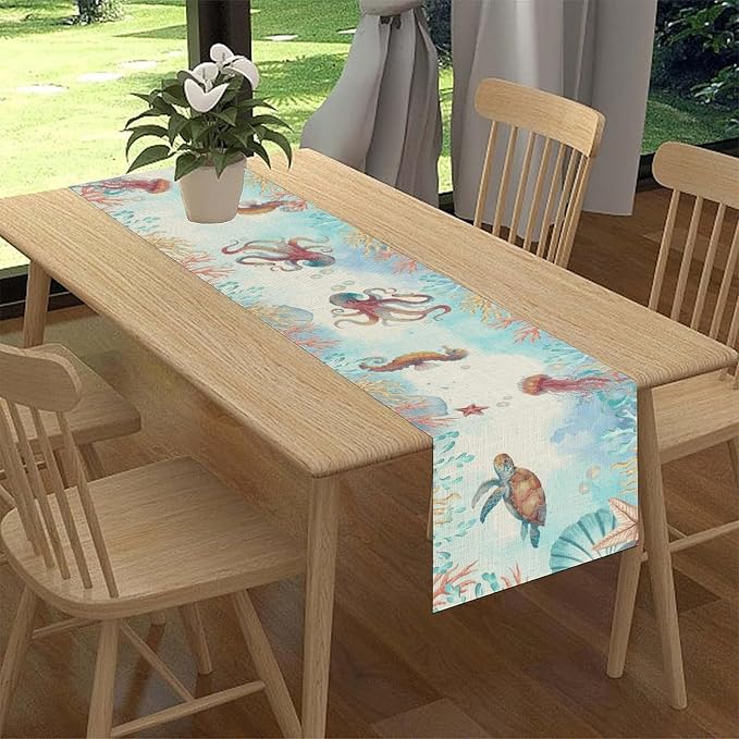 Blue Coastal Table Runner, Nautical Starfish Turtle Seashell Coral Shell Beach - Image 2