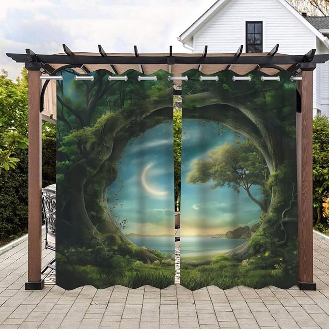 Forest Theme Outdoor Curtains for Patio Waterproof, Trees Moon Lake Pattern by Lirduipu