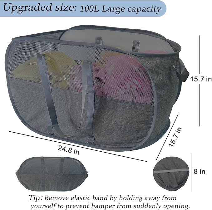 Extra Large Mesh Pop Up Laundry Hamper 2 Pack, 100L Collapsible Laundry Baskets - Image 2