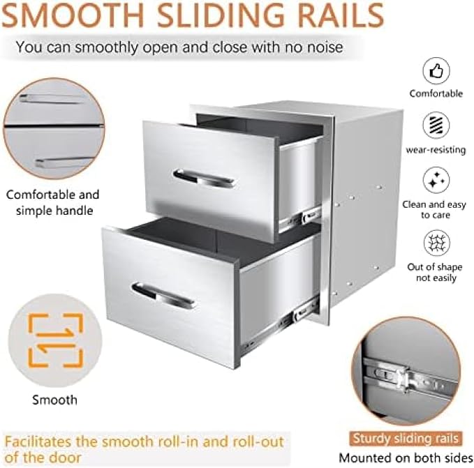 BBQ Outdoor Kitchen Drawers Stainless Steel 3-Drawer Enclosed Built-in Flush - Image 6
