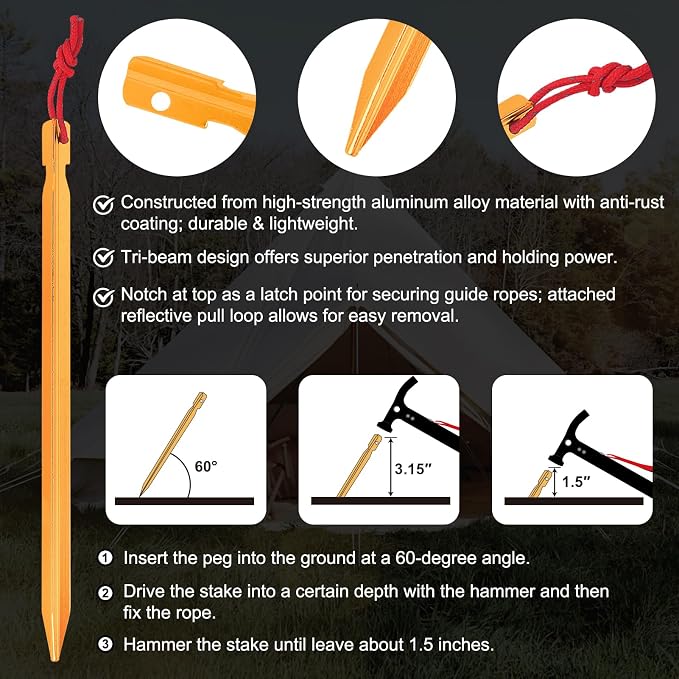 Eurmax USA Hiking Camping Tent Stakes and Hammer Set Lightweight Multi-Function - Image 4