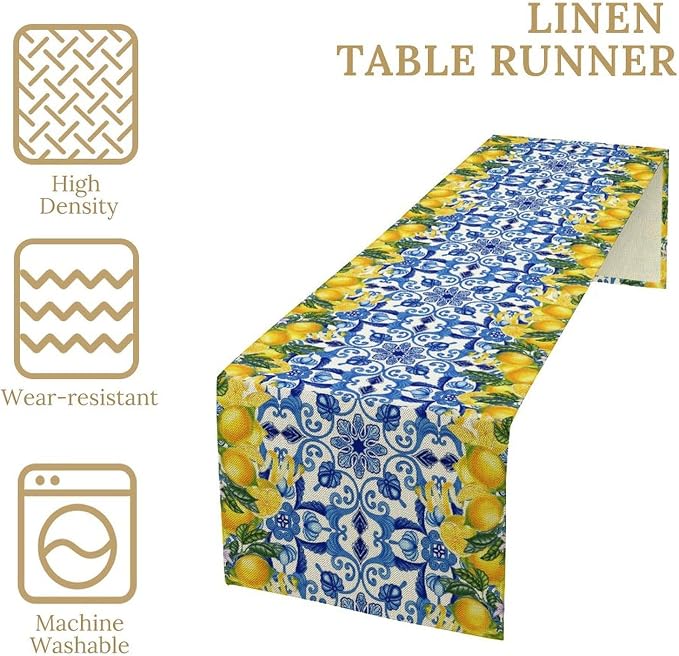Blue Lemon Table Runner, Italy Tile Yellow Lemon Fruit Table Runners - Image 6