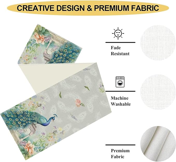 Peacock Table Runner, Watercolor Traditional Chinese Style Peacock Floral - Image 5