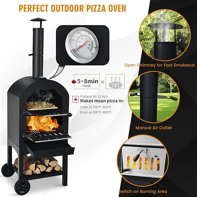 Happygrill Outdoor Pizza Oven Wood Fired, Portable Pizza Maker Grill w/Stone - Image 7