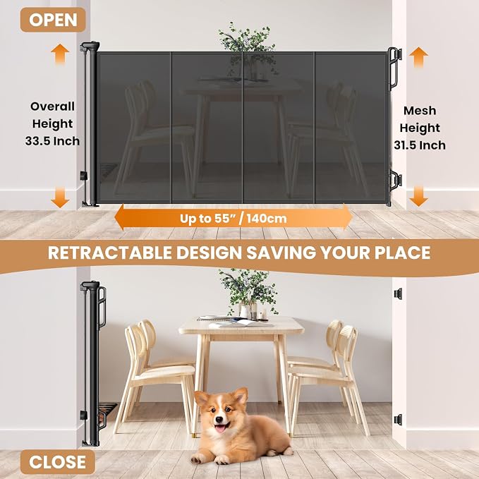 Reinforced Retractable Baby Gate or Mesh Dog Gate, Wide Pet Gate 33.5" Tall - Image 2