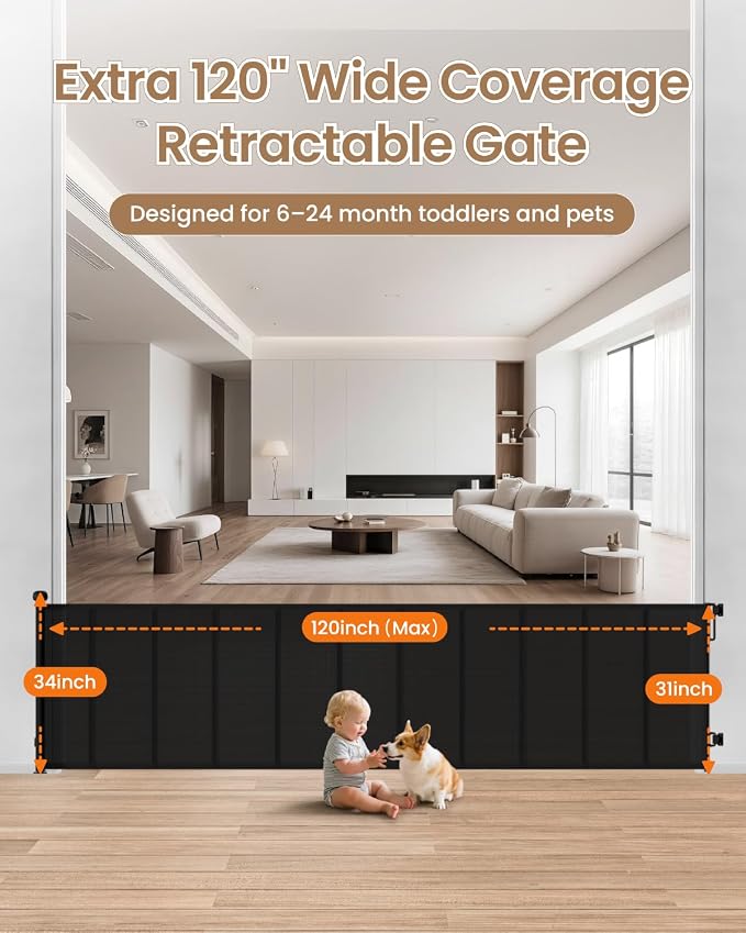 120" Wide Retractable Baby Gate, Secure Closure Extra Wide Baby Gate - Image 3