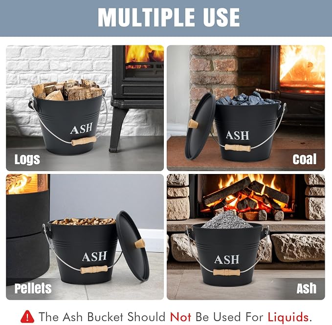 Mini Ash Bucket with Lid, Shovel and Broom, 1.5 Gallon Fireplace Metal Bucket - Image 6