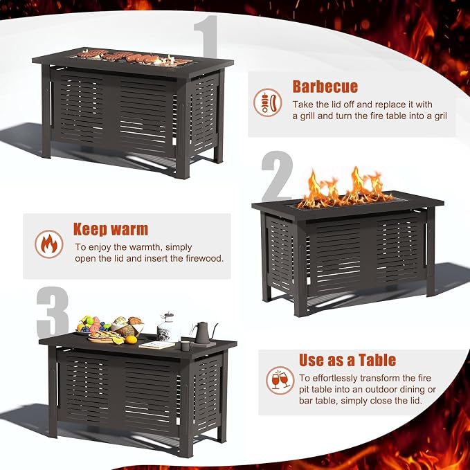 U-MAX Fire Pit Table, 43 Inch Wood Burning BBQ Grill Firepits, Metal Fireplaces - Image 3