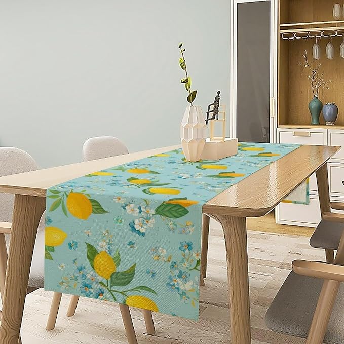 Farmhouse Lemon Fruit Table Runner, Nature Aesthetic Blue Flowers Plant - Image 2