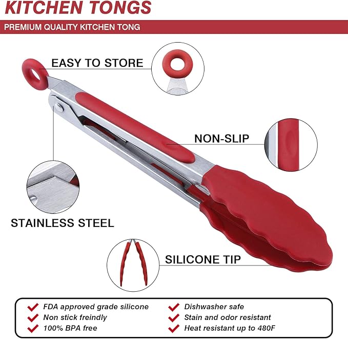Tongs, 7-Inch Red Silicone Mini Serving Set, Pack of 3