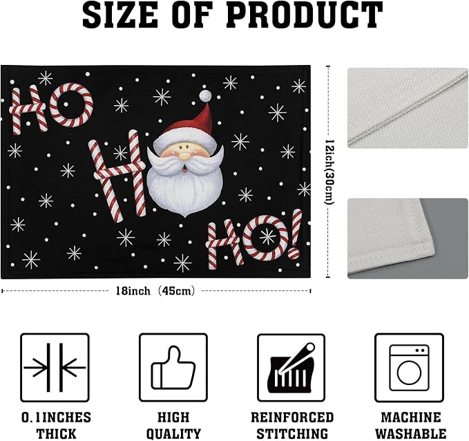 Giwawa Christmas Placemats Set of 4, Santa Claus Laugh Winter Snowflake Black - Image 4