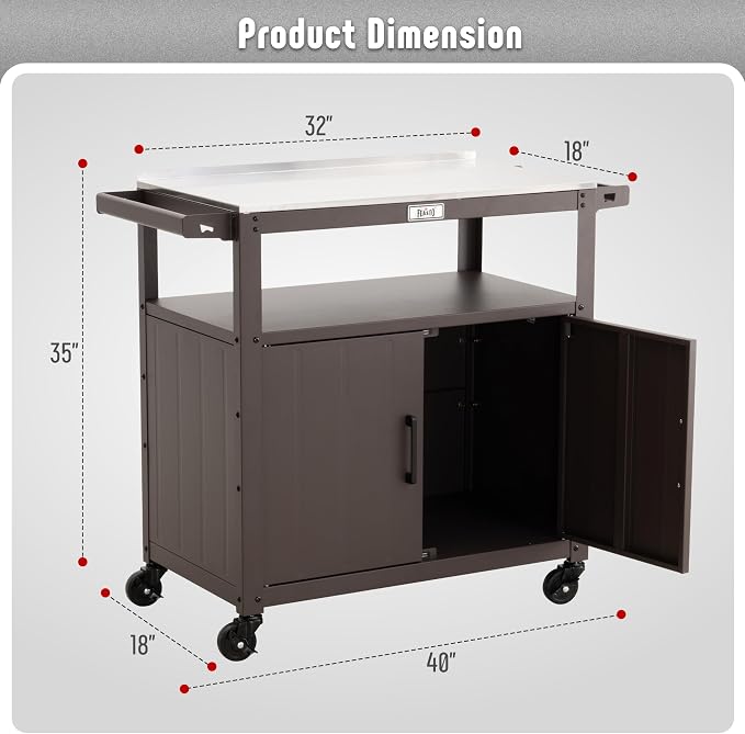 Outdoor Grill Cart with Stainless Steel Tabletop and Storage Cabinet, Movable - Image 3
