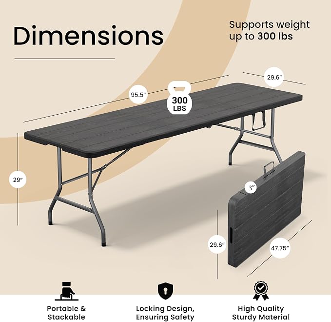 8 Feet Foldable Table with Built in Handle & Steel Legs | Heavy Duty Portable | - Image 2