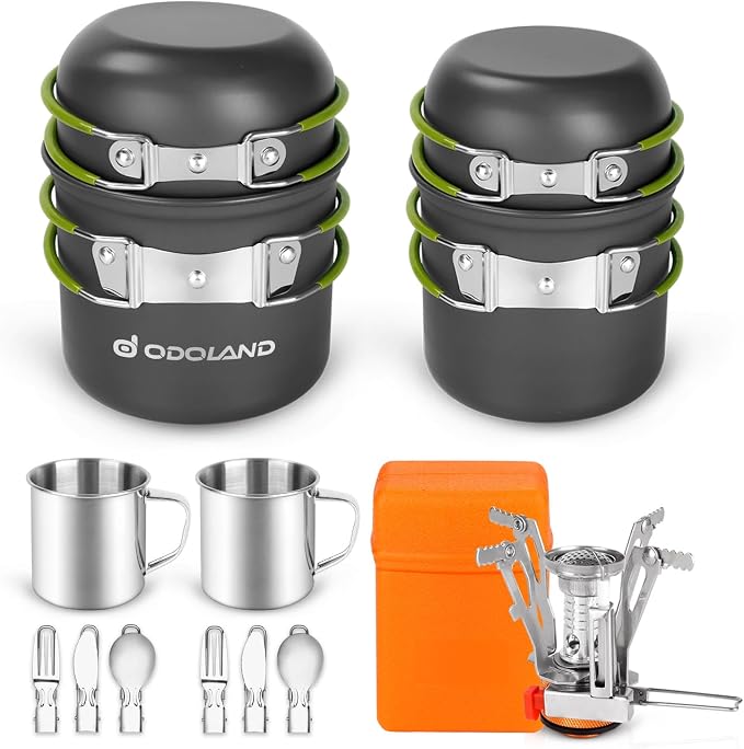 Odoland 16pcs Camping Cookware Mess Kit, Lightweight Pot Pan Mini Stove by Odoland