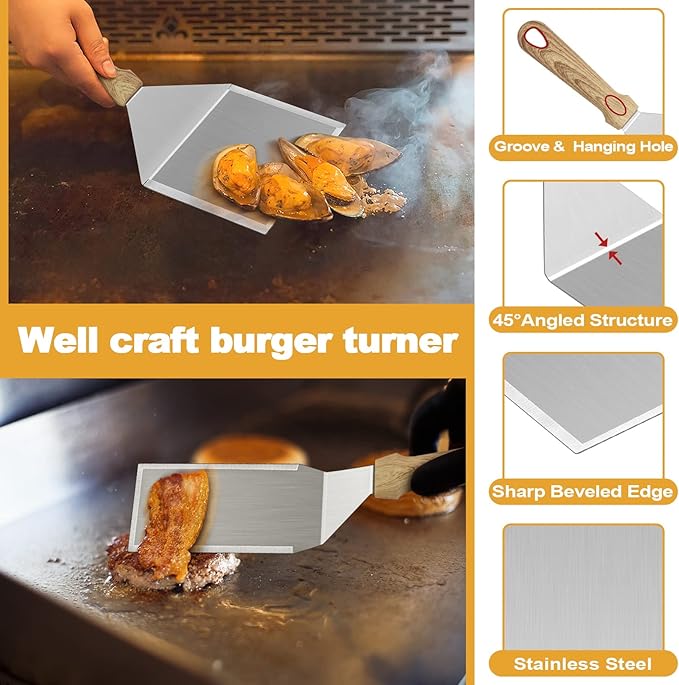Barbecue Tool Set, 5 Piece Stainless Steel Griddle Spatulas with Hooks