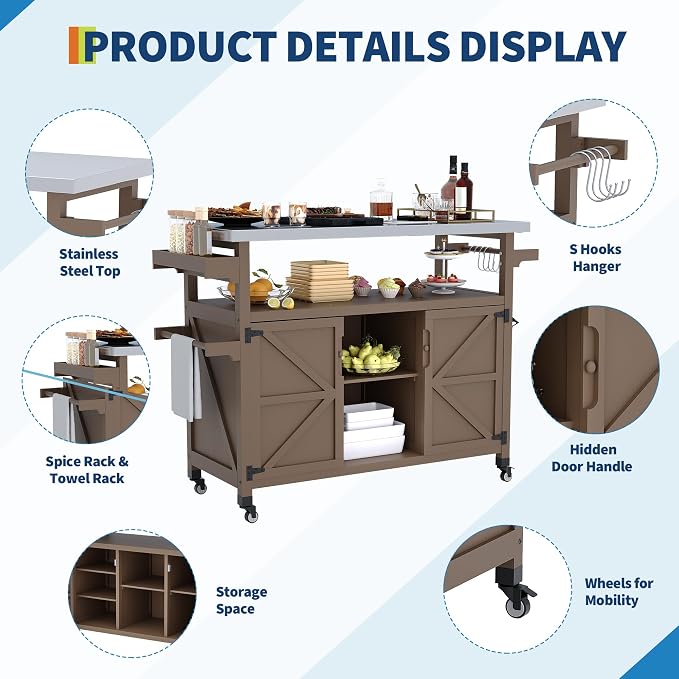 Garvee Outdoor Grill Cart with Storage, Outdoor Bar Cart Rolling BBQ Movable - Image 3