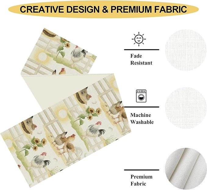 Farmhouse Rooster Table Runner, Sunflower Rooster Retro Farmhouse Sun Country - Image 5
