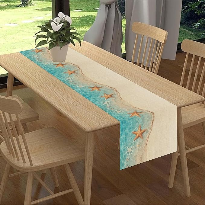 Summer Ocean Starfish Table Runner, Tropical Coastal Blue Sandy Clear Sea Water - Image 2